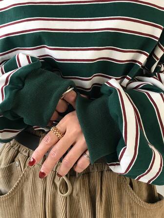 FRIFUL Damen lässiges, locker geschnittenes Sweatshirt mit Kontrastfarben-Streifen, Drop-Shoulder, Herbst