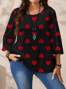 Mellowie 大码女式浪漫休闲爱心印花宽松圆领七分袖衬衫，情人节爱心衬衫，情人节礼物 - 黑色 - 查看 3