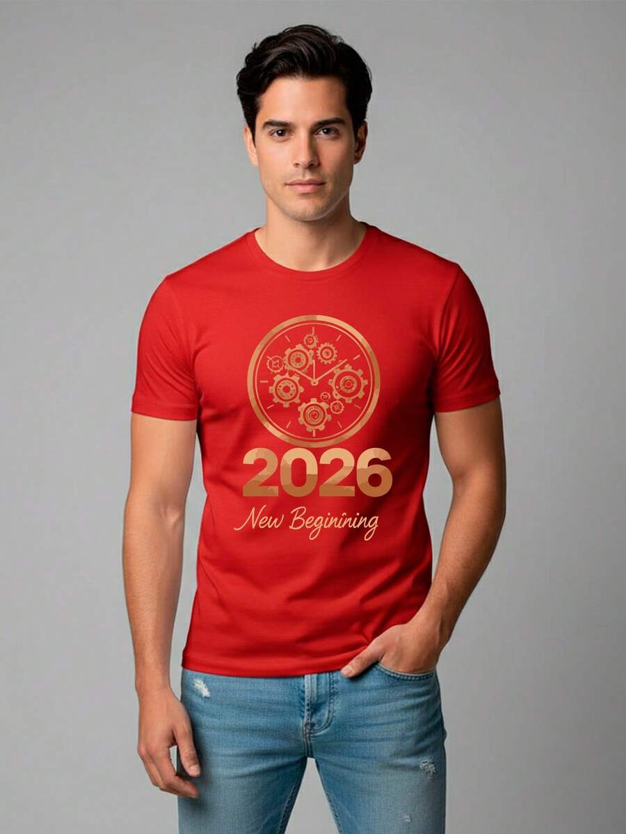 Shendy Vendy Camiseta para hombre de 100% algodón con cuello redondo y manga corta para hombre ideal para temporada de festividades y fiestas de año nuevo, celebraciones 2025 2026 - Rojo - Ver 1