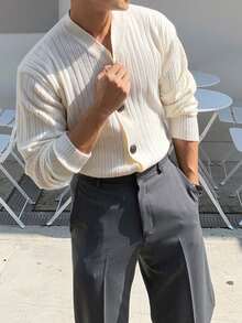 DAZY Apricot V-Neck Men's Long Sleeve Single-Breasted Knitted Cardigan, Autumn - Apricot - View 7