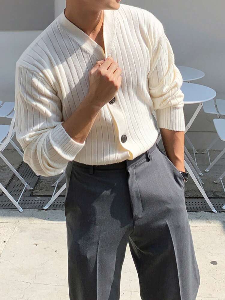 Apricot V-Neck Men's Long Sleeve Single-Breasted Knitted Cardigan, Autumn