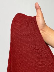 Slaydiva 秋冬新款休闲日常家居运动修身纯色咖啡棕色衬衫领半拉链腰部单褶常规T恤搭配宽松阔腿口袋裤，针织纹理面料女款加大码两件套 - 紅色 - 查看 10