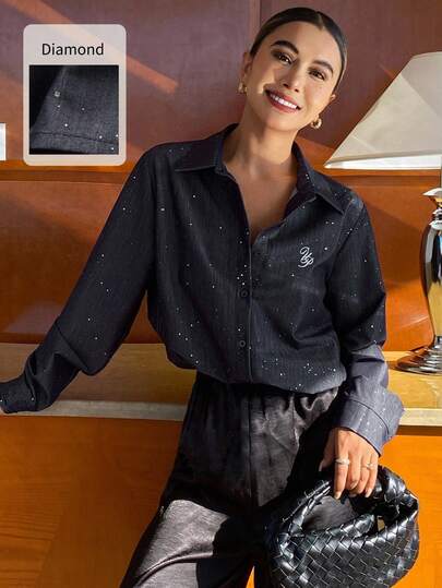 Livesso Blusa de mujer con bordado de lentejuelas y gráfico de letra, de estilo casual y elegante, adecuada para primavera, otoño, Año Nuevo, Navidad, bodas