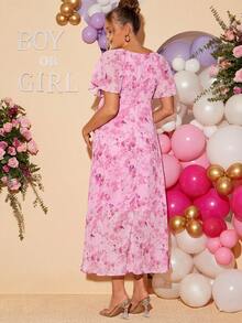 Loomaby 孕妇碎花印花心形领荷叶袖优雅连衣裙 - 彩色 - 查看 2