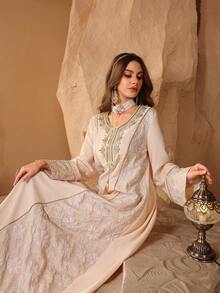 Al Najma Casual Loose Comfortable Jacquard Patchwork Solid Color Long Sleeve Women Turkish Tunic & Arabic Traditional Robe Kaftan Jalabiya Dress - Apricot - View 3