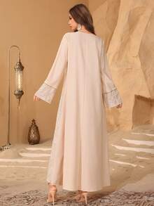 Al Najma Casual Loose Comfortable Jacquard Patchwork Solid Color Long Sleeve Women Turkish Tunic & Arabic Traditional Robe Kaftan Jalabiya Dress - Apricot - View 2