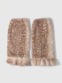 ROMWE Fairycore 1 Pair Cute Minimalist Vintage Casual High-Quality High-Fashion Beige Fuzzy Polka Dot Deer Print Animal Pattern Warm Lace Leg Warmers Loose Leg Warmers Set, Suitable For Women/Girls Daily Wear, Holiday Gift - Camel - View 9