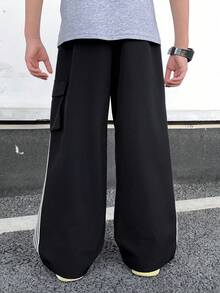 SHEIN 儿童/青少年男童休闲百搭舒适彩色织带字母直筒宽松纯色长裤，适合通勤、上学、日常休闲、旅行、运动，春夏秋冬皆宜。 - 彩色 - 查看 2