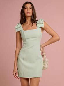 Enchnt Vestido de moda sin mangas con decoración de lazo en los hombros de unicolor para mujer - verde menta - Ver 4