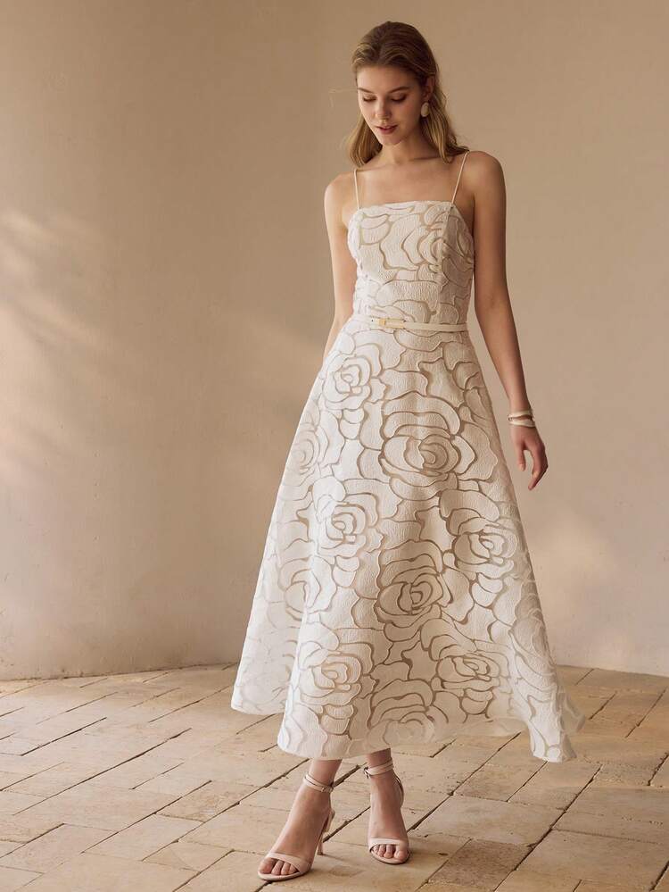 ELEGANT FRENCH STRAPLESS ROSE FLORAL A-LINE DRESS FOR LADIES