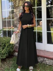 Ronhire Elegant Round Neck Sleeveless Asymmetric Shoulder Gathered Waist Exaggerated Ruffle Maxi A-Line Dress For Office & Commuting - Black - View 1