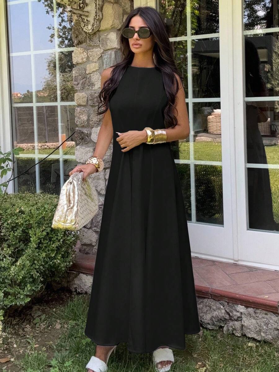 Ronhire Elegant Round Neck Sleeveless Asymmetric Shoulder Gathered Waist Exaggerated Ruffle Maxi A-Line Dress For Office & Commuting - Black - View 1