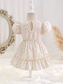 SHEIN 1pc /Baby Girl's Spring/Summer Vacation Style Outfit Bubble Short-Sleeved Pink Floral Print All-Over Apricot Woven Dress - Apricot - View 10