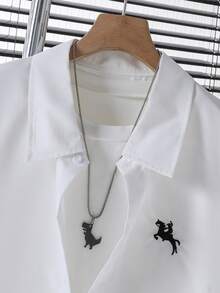 2pcs Set: Embroidered Pony Logo Casual Loose Shirt & Straight Leg Pleated Front Casual Pants - Black and White - View 4