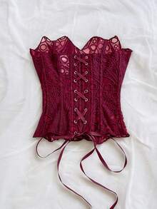 Soleia 女士性感蕾丝束身胸衣，欧美风格，镂空刺绣连体衣，酒红色 - 酒紅色 - 查看 2