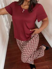 SHEIN Plus Size Women Casual Cute Colorblock Homewear 2 Piece Set - Burgundy - View 5