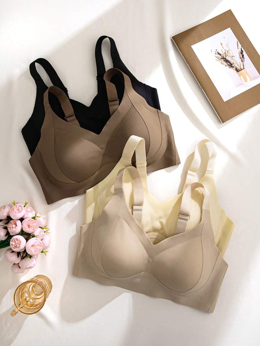 NudeFit 4-Pack Plus Size Seamless Comfortable Ribbed Fabric Wide Strap Bras - Multicolor - View 1