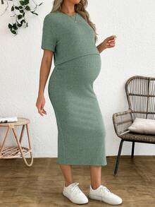 SHEIN 2pcs Maternity Solid Color Casual Short Sleeve Top And Skirt Set - Mint Green - View 8