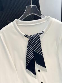 Franclia Fashionable French-Style Round Neck Scarf Tie-Neck Knit Cardigan, New Spring And Autumn Style, Soft White Ribbed Cardigan, Women's Coat Top, White Top, Elegant Women's Outfit, Summer Holiday Outfit, Women's Vacation Outfit. Bow Clothes Sailor Outfit Women Bows On Clothes Preppy Tops Preppy Clothes In Women - Beige - View 7