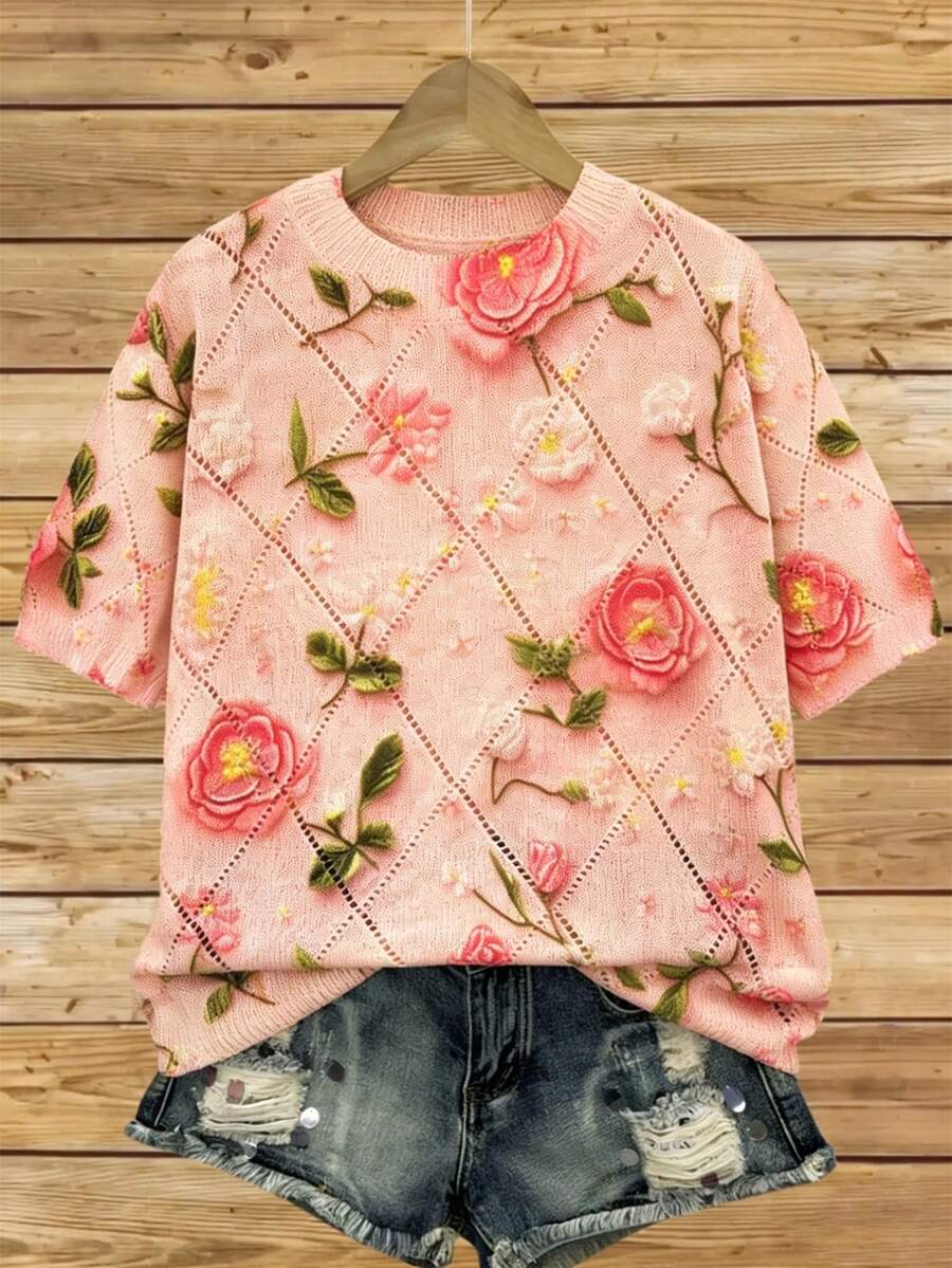 SHEIN LUNE Women's Casual Vacation Style 3D Floral Pointelle Knit Top, Spring/Autumn - Pink - View 1