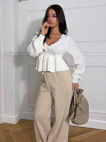 Ronhire Women Sweaters Scallop Dasi Depan Plain Casual - Krem - View 5