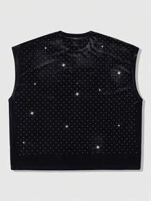 ROMWE MEN Street Life Men's Casual Solid Color Velvet Rhinestone Embellished Tank Top - Black - View 2