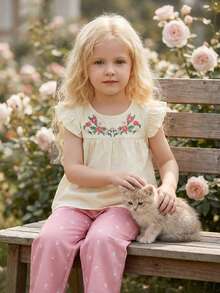 Vintaside Kids 女童花卉刺绣衬衫和碎花裤套装 - 白色 - 查看 5