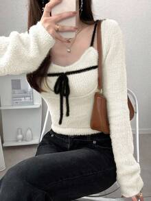 FRIFUL Women's Apricot Solid Color Inner Pocket Sleeveless Jacket, Long Sleeve Contrast Color Black Drawstring Bow Knit Sweater 2-Piece Set, Autumn - White - View 6