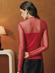 Anewsta Autumn/Winter New Elegant Fashionable Casual Going Out Party New Year Christmas Valentine's Day Sexy Stretchy Fitted Sheer Long Sleeve Base Layer Top, Red For Women - Red - View 7