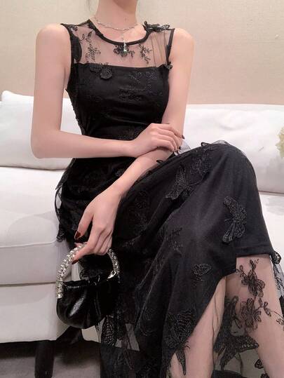 DAZY Women's Elegant Lace Butterfly Round Neck Sleeveless Long Dress, Summer Sundress