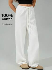 SHEIN Tall 100% 纯棉女式白色梭织裤，舒适秋冬春夏，百搭休闲装 - 白色 - 查看 4