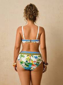 Travachic Plus Size Women Coconut Tree Print Swimwear Set, Bandeau Swimwear Top - Multicolor - View 2