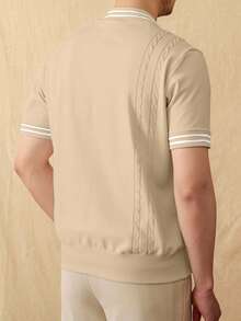 Manfinity Homme 男士条纹短袖单排扣休闲针织上衣 - 杏色 - 查看 2