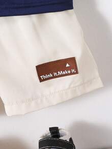 SHEIN 2 Pieces Unisex Newborn Neutral Set. It's A Set With A Brown Top And Apricot Shorts, Decorated With Letter Patches. Suitable For Summer, This Sportswear Is Perfect For Vacations, Parties, Outings, And As A Versatile Basic For School In Summer.Outfit Toddler Infant Outfits Unisex Summer. - Navy Blue - View 5