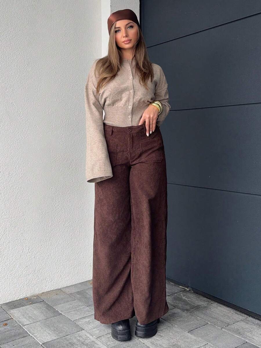 Jeta Ari Women's Solid Color Loose Fit Corduroy Straight Leg Pants With Dual Pockets Fall Cloth For Women
