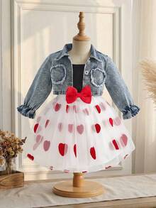 SHEIN Baby Girls' 2 Pieces Outfit, Fashionable & Cute Heart Embroidered Denim Jacket & Matching Piece, Versatile For Spring & Summer - Black - View 3