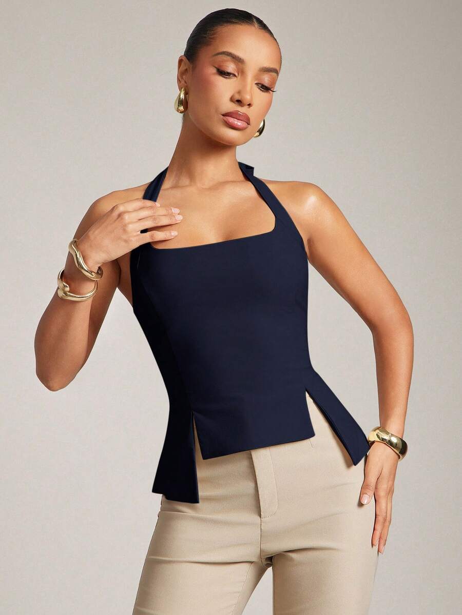 Hauture Women's Scoop Sexy Neck Office Casual Fitted Stretch Top With Adjustable Back Tie - Navy Blue - View 1