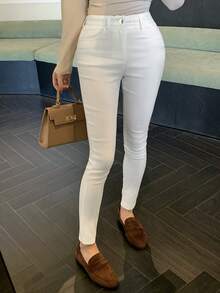 DAZY 女士纯色口袋纽扣休闲裤，适合日常通勤和旅行 - 米色 - 查看 7