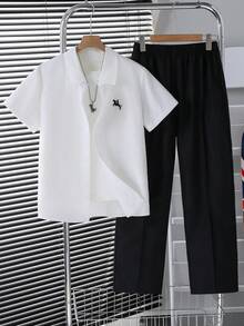 2pcs Set: Embroidered Pony Logo Casual Loose Shirt & Straight Leg Pleated Front Casual Pants - Black and White - View 3