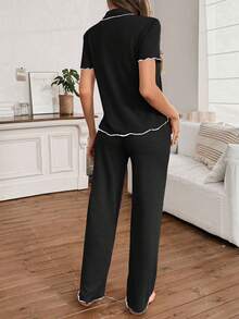 SHEIN Women's Classic Simple V-Neck Short Sleeve Top And Pants Loungewear Set, Casual Sleepwear, Thin Knit Fabric - Black - View 2