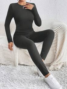 SHEIN Unity 2件組女款深灰色加厚保暖內層套裝，冬季休閒居家舒適套裝，純色內搭褲與運動束口長褲 - 灰色 - 查看 5