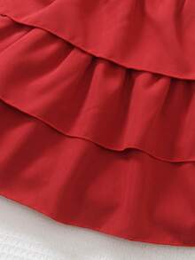 1pc Young Girl Deep Red Short Sleeve Round Neck Cake Dress,3D Ruffle & Pearl Decor,Summer Satin Party Dress,Flattering Silhouette For Celebration - Red - View 6