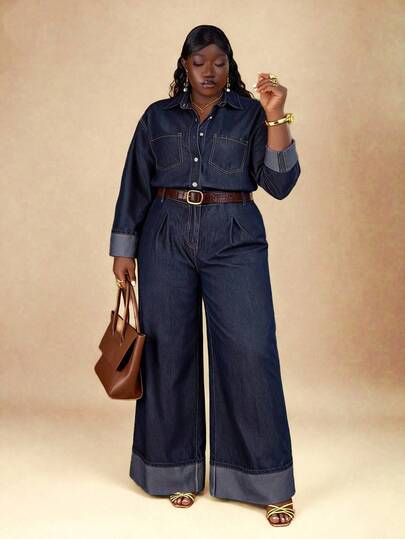 CurvyTilda Plus Size Dark Blue Denim Jumpsuit, Long-Sleeved Shirt, Straight Pants With Folded Hems, Casual Autumn Wear For Going Out Plus Size Denim Outfits For Women, For Hourglow & Hourglass Body Shape