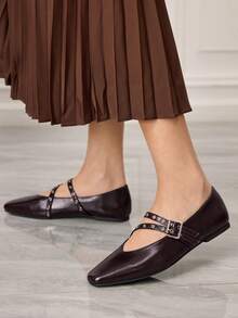 Sleekvia 女士方头平底巧克力色金属扣套脚平底鞋，舒适休闲玛丽珍鞋，适合搭配连衣裙 - 咖啡棕 - 查看 7