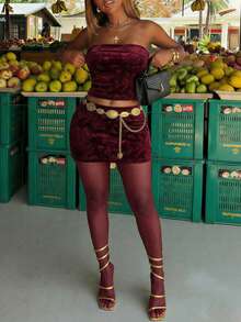 Slaydiva 2025 Sommer Neue Elegante Party, Alltag, Date, Arbeitsweg Verfeinerter Sexy Lässig Trägerloses Top Kombiniert Mit Kurzem Rock, Beflockter Beflockter Frauen 2-Teiliges Set - A - Bordeaux - Übersicht 4