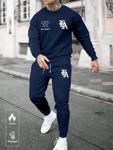 Manfinity Homme 加大码男士极简印花圆领长袖卫衣长裤套装 慢跑套装 运动服套装 男士卫衣长裤套装 - 藏蓝色 - 查看 2