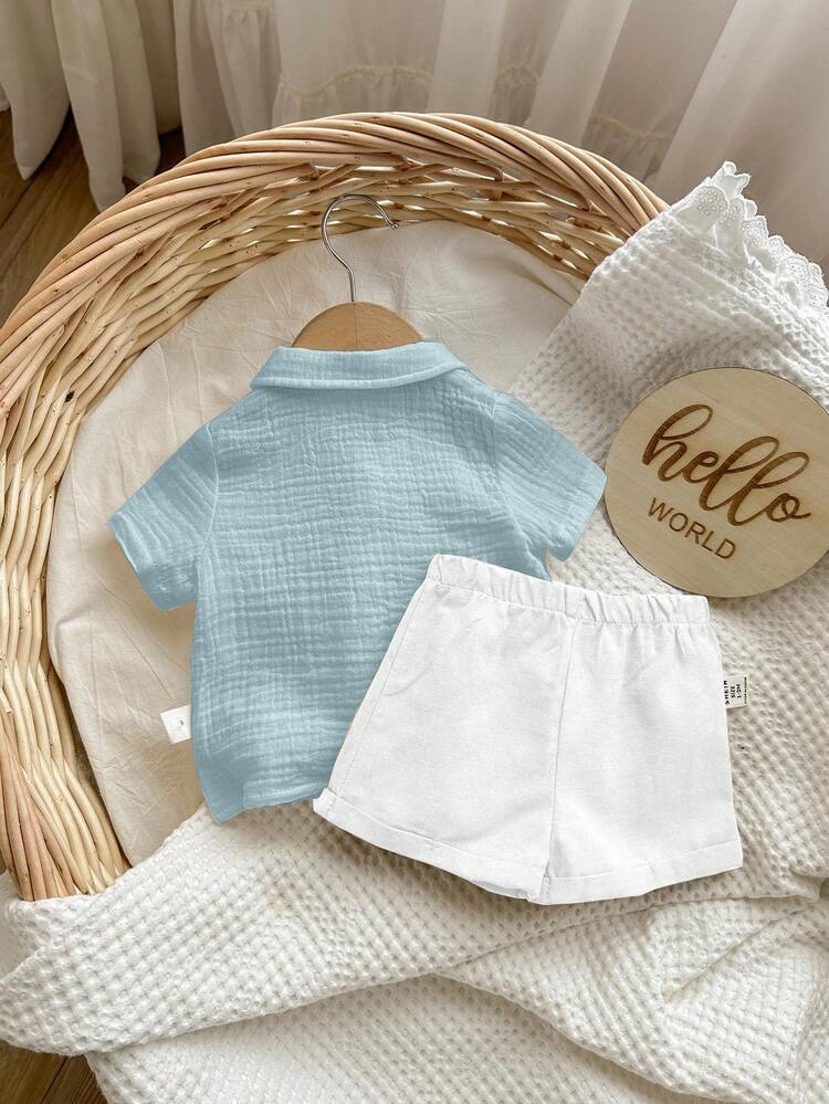 2 piezas Conjunto de camisa y pantalones cortos de unicolor de verano para bebé recién nacido niño, adecuado para fiesta de cumpleaños, fiesta de noche, actuación, boda, baby shower, invitado de boda, paje, portador de anillos - Azul - Añade 2