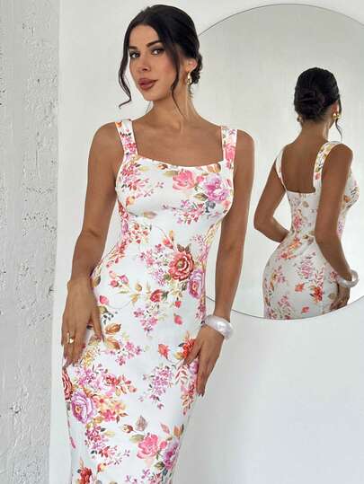 Firerie 女士优雅浪漫时尚通勤性感优雅连衣裙，适合派对、度假、浪漫约会和婚礼生日等场合，花卉印花垂褶领口美人鱼下摆修身长裙