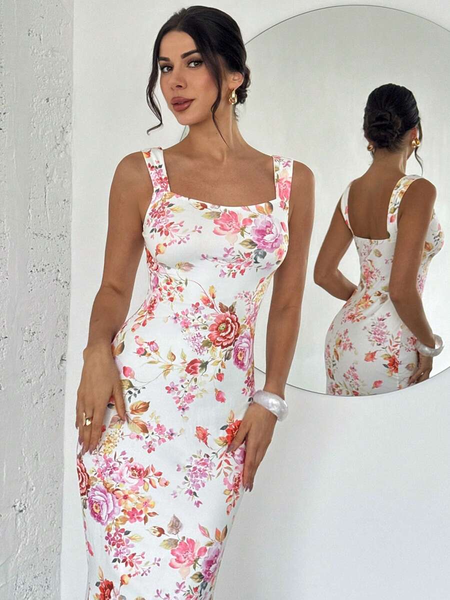 Firerie 女士优雅浪漫时尚通勤性感优雅连衣裙，适合派对、度假、浪漫约会和婚礼生日等场合，花卉印花垂褶领口美人鱼下摆修身长裙