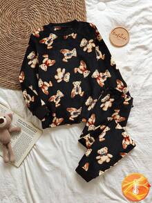 Tween Boys Flannel Loungewear Set,Black Polka Dot Autumn Cute Lounge 2-Piece Teddy Bear Pattern Round Neck Long Sleeve Top & Pants Kids Pajama Set - Black - View 3